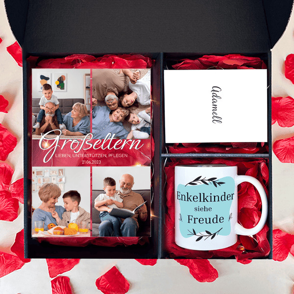 Tasse + Druck auf Glas LIEBEVOLLE GROßELTERN - Geschenkset Box 2 in 1, personalisiertes Geschenk für Großeltern - Adamell.de