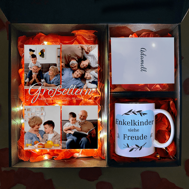 Tasse + Druck auf Glas LIEBEVOLLE GROßELTERN - Geschenkset Box 2 in 1, personalisiertes Geschenk für Großeltern - Adamell.de