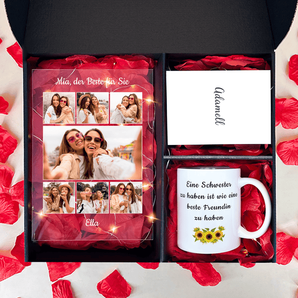 Tasse + Druck auf Glas MEINE WUNDERBARE SCHWESTER - Geschenkset Box 2 in 1, personalisiertes Geschenk für Schwester - Adamell.de