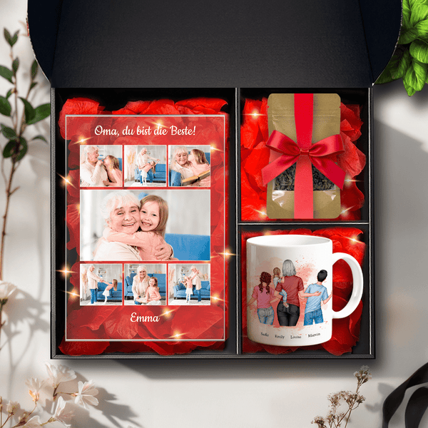 Tasse + Tee + Druck auf Glas FOTOS MIT OMA - Geschenkset Box 3 in 1, personalisiertes Geschenk für Oma - Adamell.de