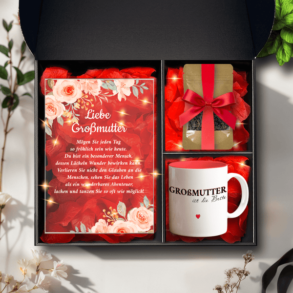 Tasse + Tee + Druck auf Glas LIEBE OMA - Geschenkset Box 3 in 1, personalisiertes Geschenk für Oma - Adamell.de