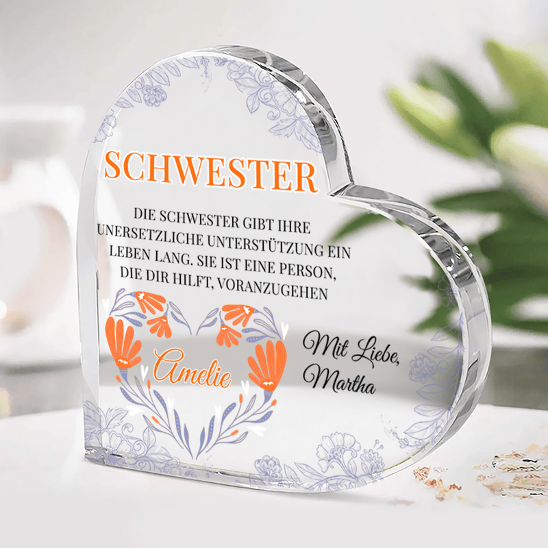 Unersetzliche Schwester - Herz aus Glas, personalisiertes Geschenk für Schwester - Adamell.de