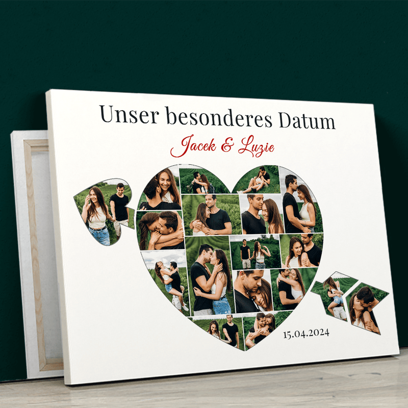 Unser besonderes Datum - Herz-Collage mit Pfeil - Druck auf Leinwand, personalisiertes Geschenk für Paar - Adamell.de