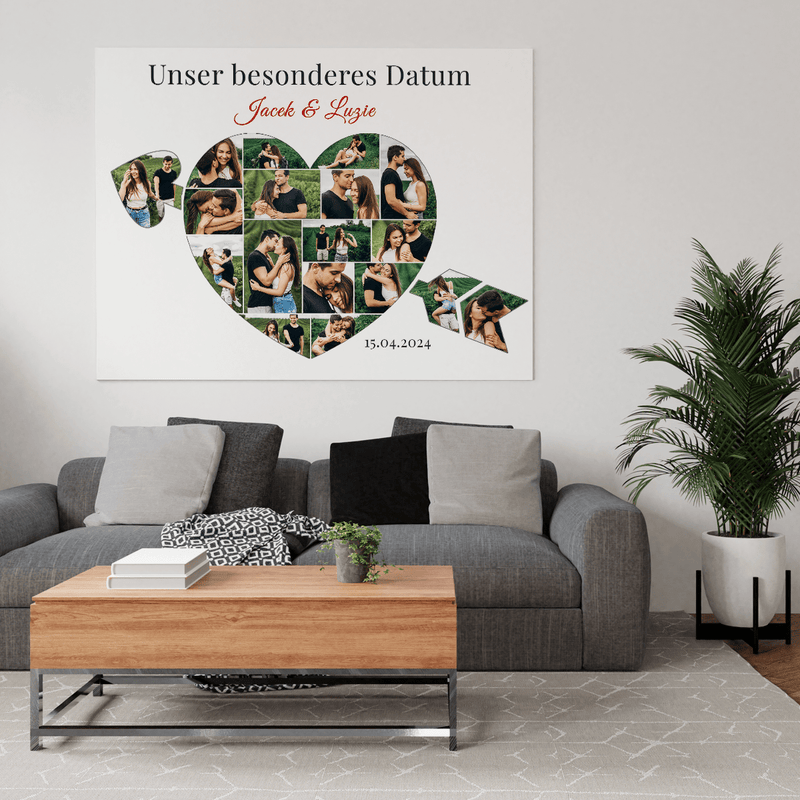 Unser besonderes Datum - Herz-Collage mit Pfeil - Druck auf Leinwand, personalisiertes Geschenk für Paar - Adamell.de