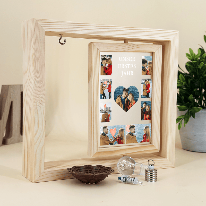 Unser erstes Jahr Collage - Druck auf Glas in Holzrahmen + led, personalisiertes Geschenk für Paar - Adamell.de