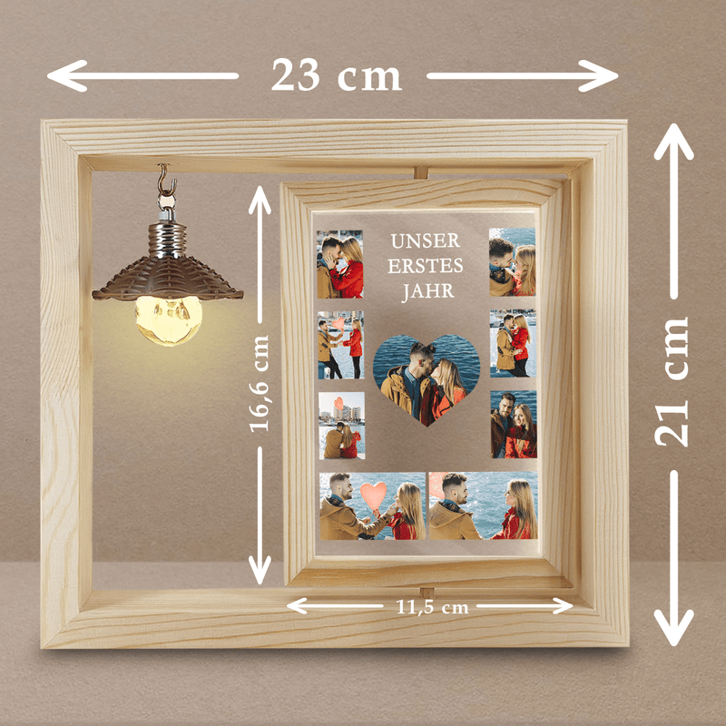 Unser erstes Jahr Collage - Druck auf Glas in Holzrahmen + led, personalisiertes Geschenk für Paar - Adamell.de