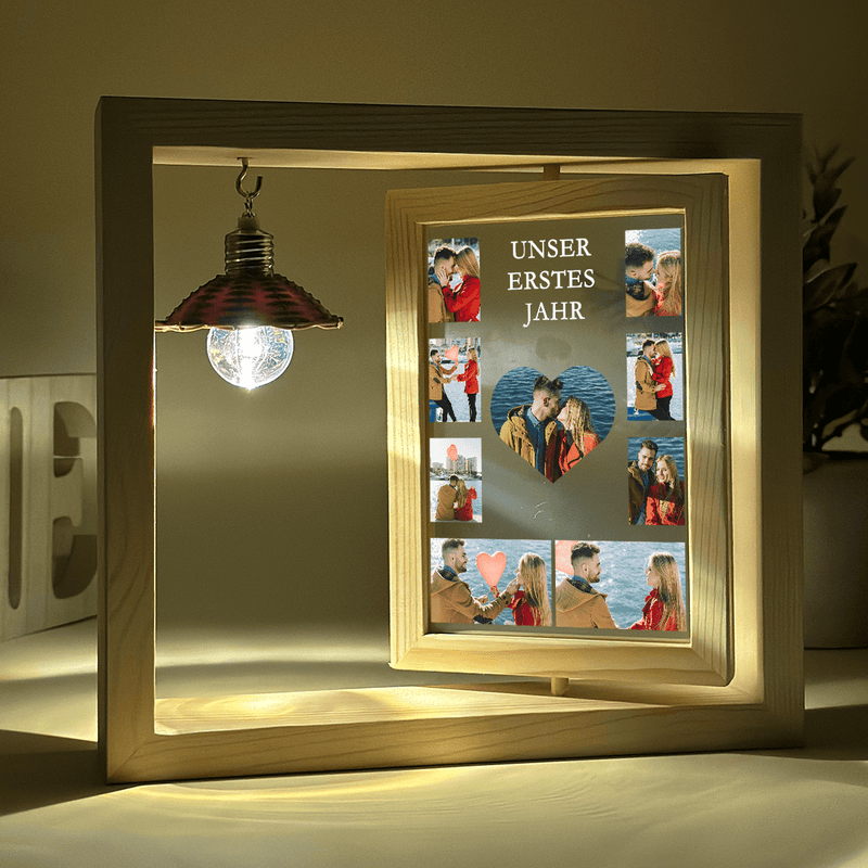 Unser erstes Jahr Collage - Druck auf Glas in Holzrahmen + led, personalisiertes Geschenk für Paar - Adamell.de