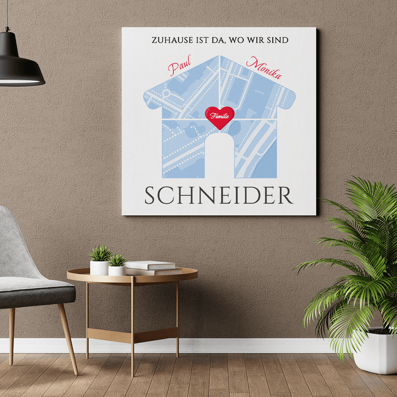 Unser gemeinsames Zuhause - Druck auf Leinwand, personalisierte Geschenk für Familie - Adamell.de