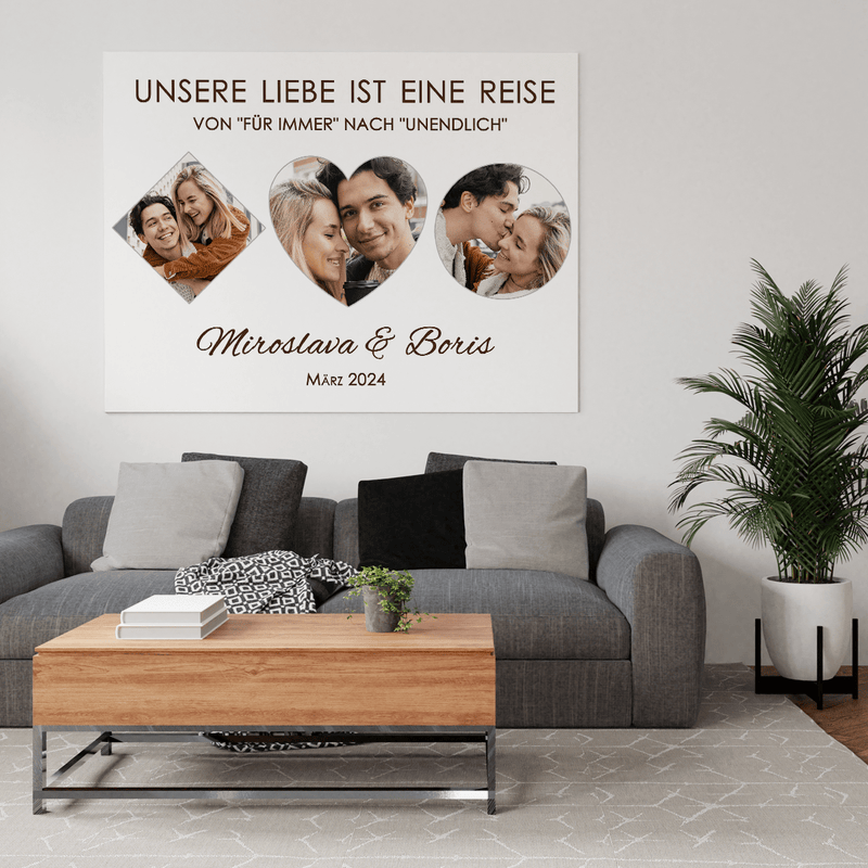 Unsere Liebe ist eine Reise - Druck auf Leinwand, personalisiertes Geschenk für Paar - Adamell.de