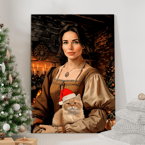 Weihnachten Porträt Frau und Katze - Druck auf Leinwand, personalisiertes Geschenk für Ehefrau - Adamell.de