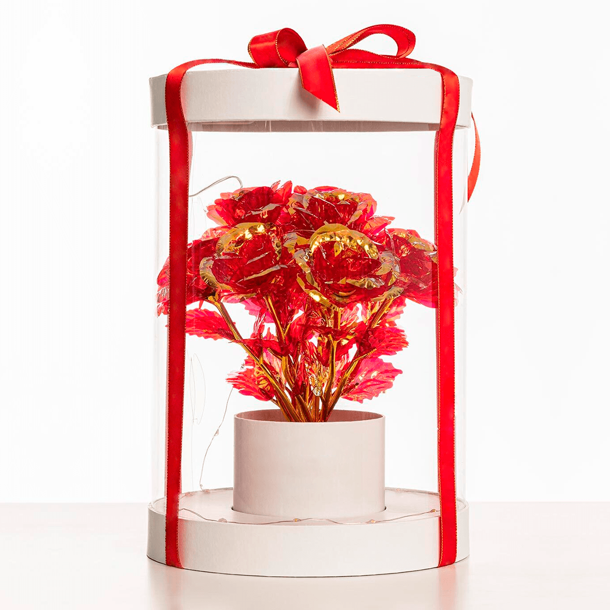 Rosa Schachtel mit roten ewigen Rosen LED-Strauß