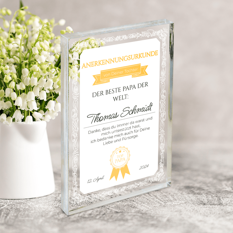 Zertifikat Bester Vater - Druck auf Glas, personalisiertes Geschenk für Papa - Adamell.de