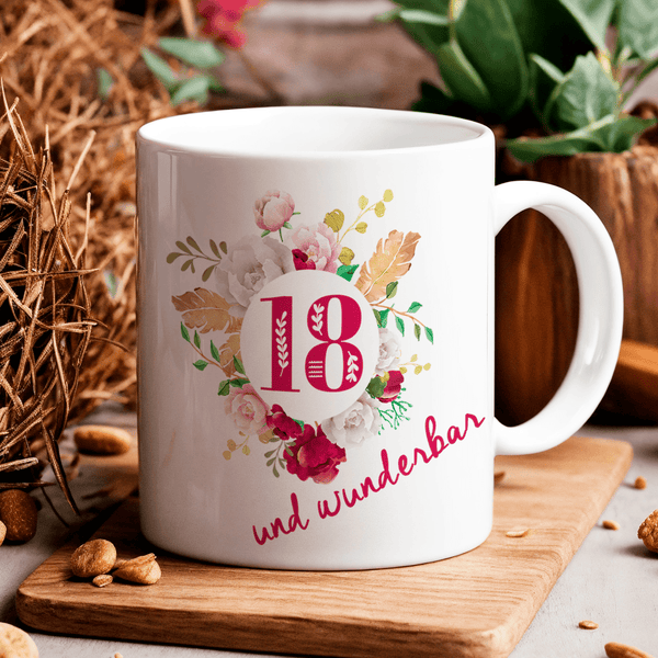 Zum 18. Geburtstag - 1x bedruckte Tasse, personalisiertes Geschenk für Frau - Adamell.de