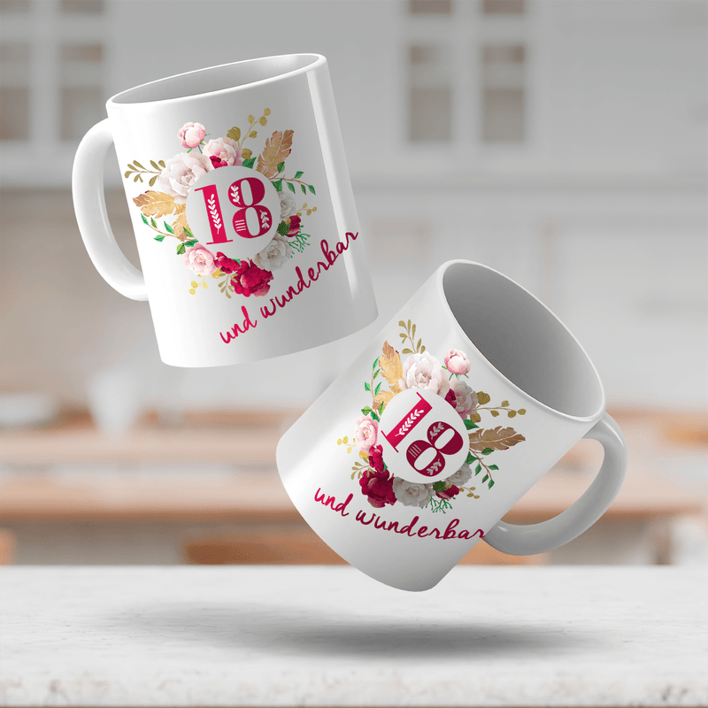 Zum 18. Geburtstag - 1x bedruckte Tasse, personalisiertes Geschenk für Frau - Adamell.de