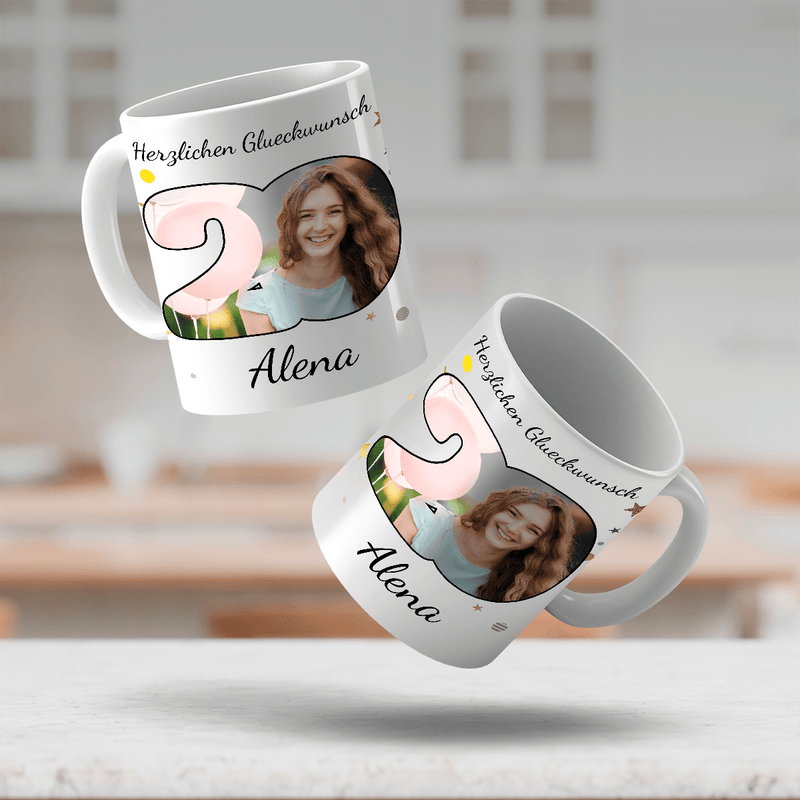 Zum 20. Geburtstag mit Foto - 1x bedruckte Tasse, personalisiertes Geschenk für Frau - Adamell.de