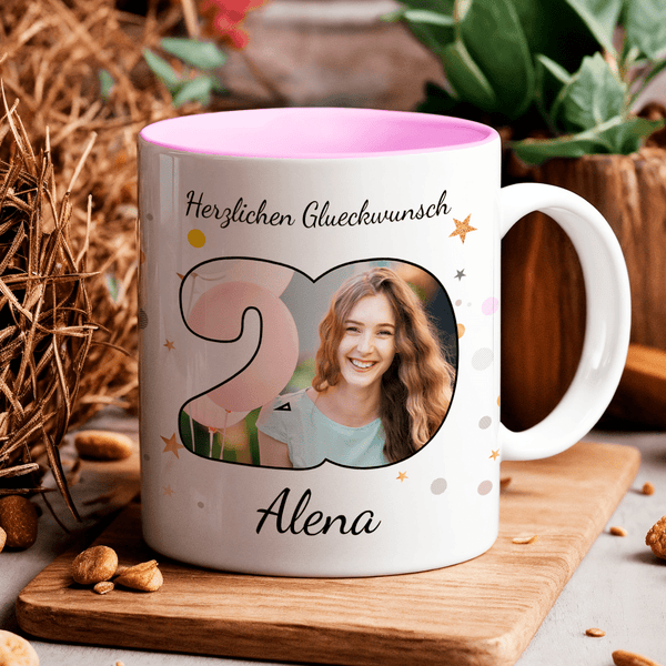 Zum 20. Geburtstag mit Foto - 1x bedruckte Tasse, personalisiertes Geschenk für Frau - Adamell.de