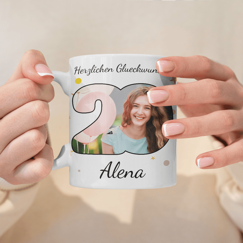 Zum 20. Geburtstag mit Foto - 1x bedruckte Tasse, personalisiertes Geschenk für Frau - Adamell.de