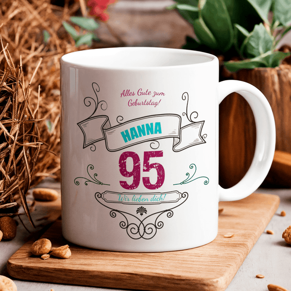 Zum 95. Geburtstag + Name - 1x bedruckte Tasse, personalisiertes Geschenk für Frau - Adamell.de