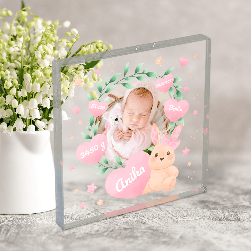 Zur Geburt eines Mädchens - Druck auf quadratischem Glas, personalisiertes Geschenk für Kind - Adamell.de