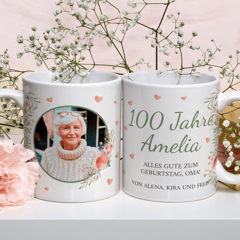 100 Jahre mit Foto - 1x bedruckte Tasse, personalisiertes Geschenk für Oma - Adamell.de