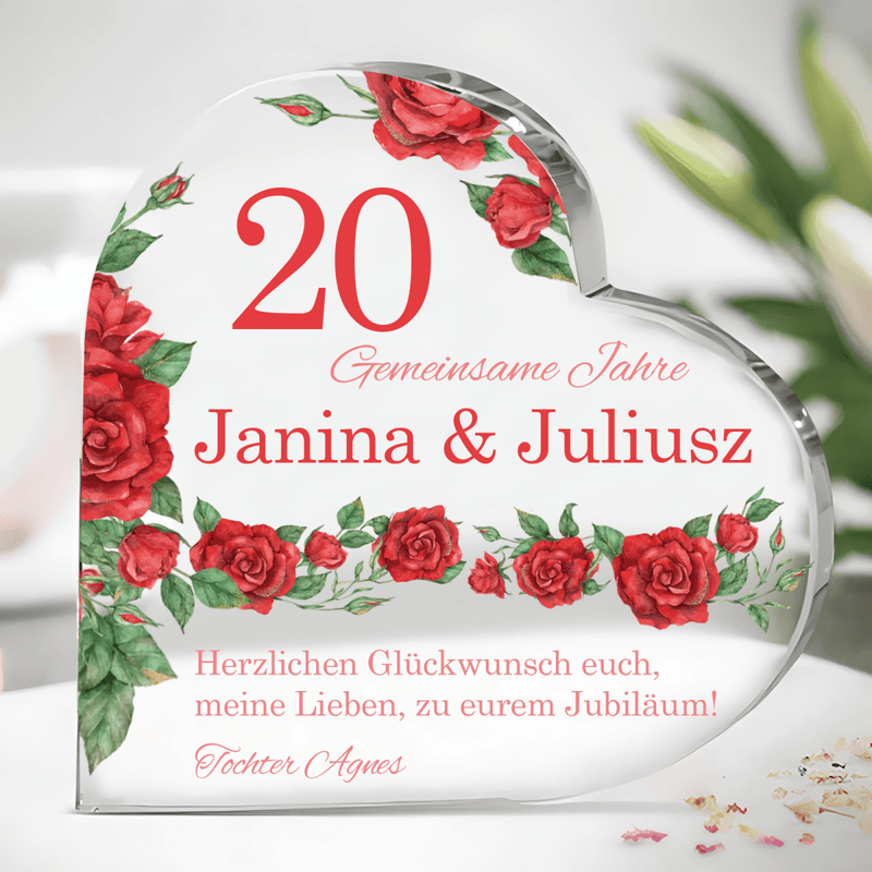 20 Jahre gemeinsame Inschrift - Herz aus Glas, personalisiertes Geschenk für Paare - Adamell.de