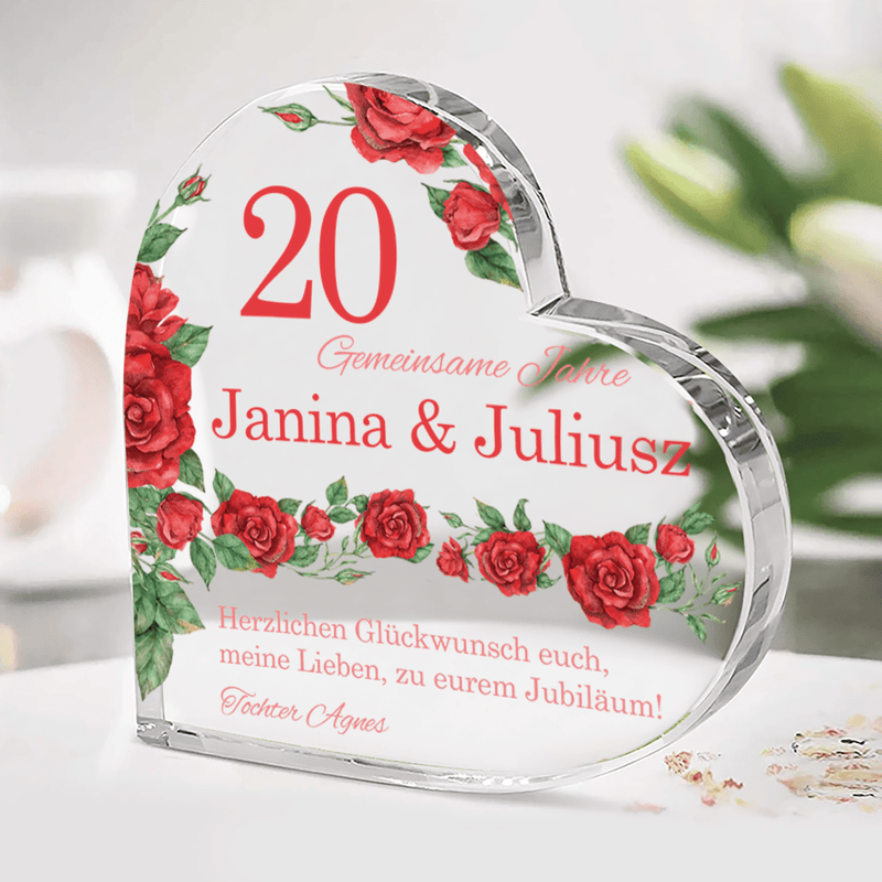 20 Jahre gemeinsame Inschrift - Herz aus Glas, personalisiertes Geschenk für Paare - Adamell.de