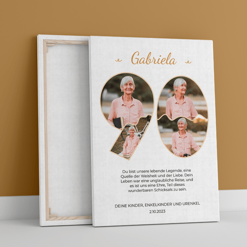 90. Geburtstag - Druck auf Leinwand, personalisiertes Geschenk für Oma - Adamell.de