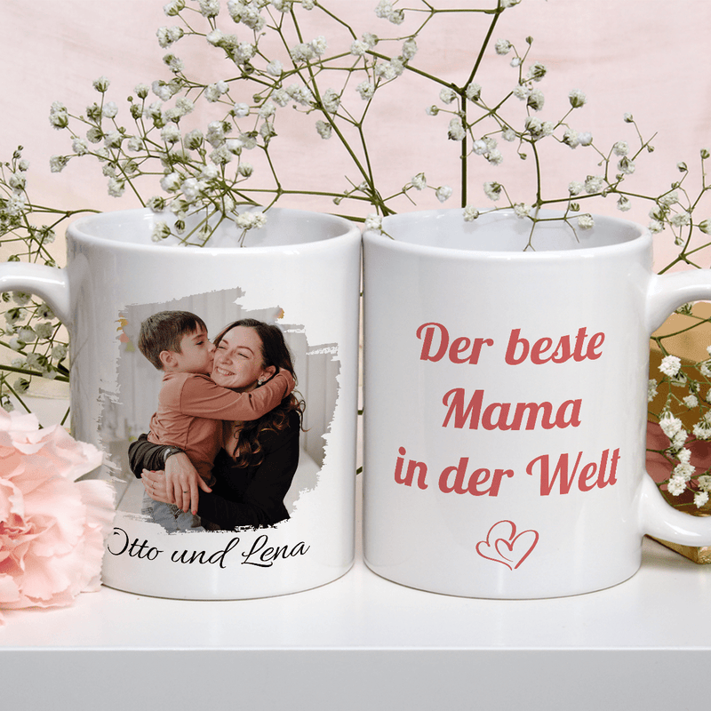 Beste Mama + Foto - 1x Bedruckte Tasse, personalisiertes Geschenk für Mama - Adamell.de