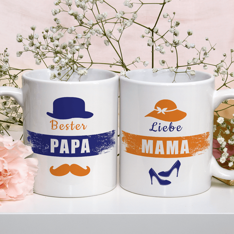 Bester Papa und Lieber Mama - Satz von 2 x Bedruckte Tasse, personalisiertes Geschenk für Eltern - Adamell.de