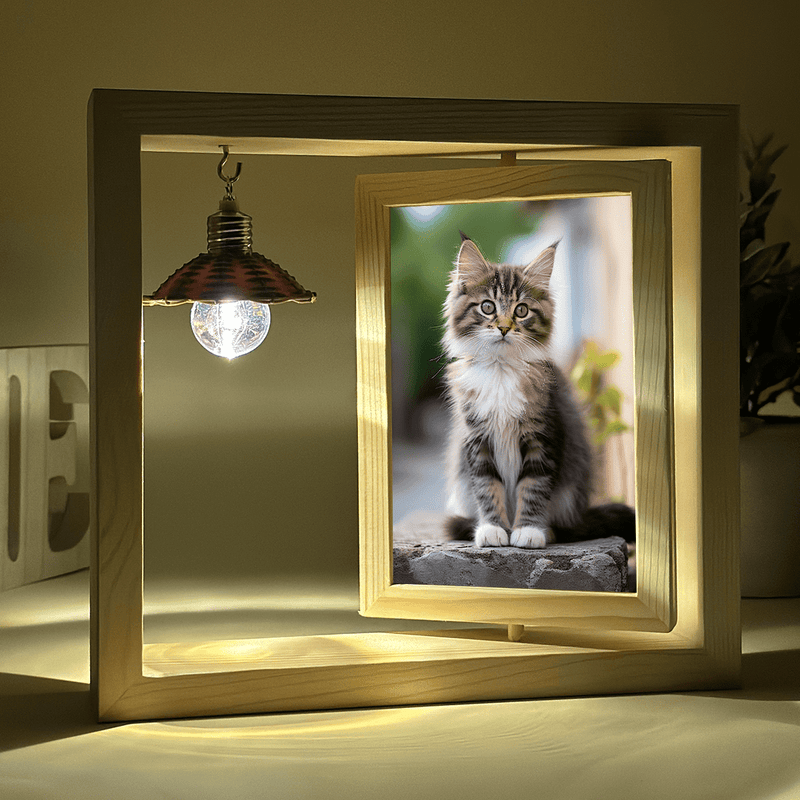 Bild einer Katze - Druck auf Glas in Holzrahmen + led, personalisiertes Geschenk - Adamell.de