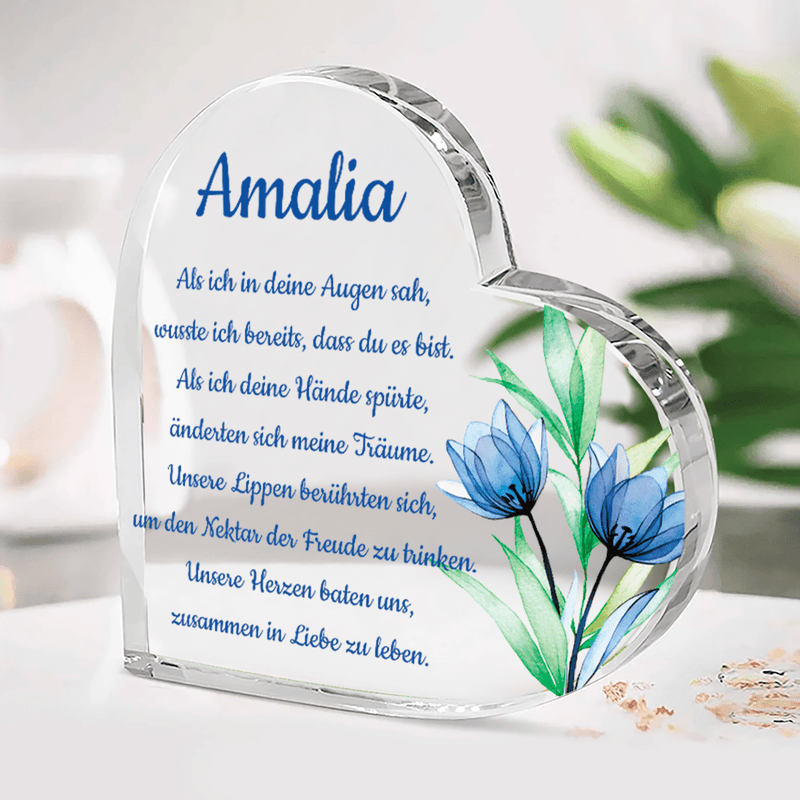 Blaue Tulpen - Herz aus Glas, personalisiertes Geschenk für Frau - Adamell.de