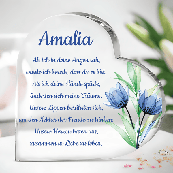 Blaue Tulpen - Herz aus Glas, personalisiertes Geschenk für Frau - Adamell.de