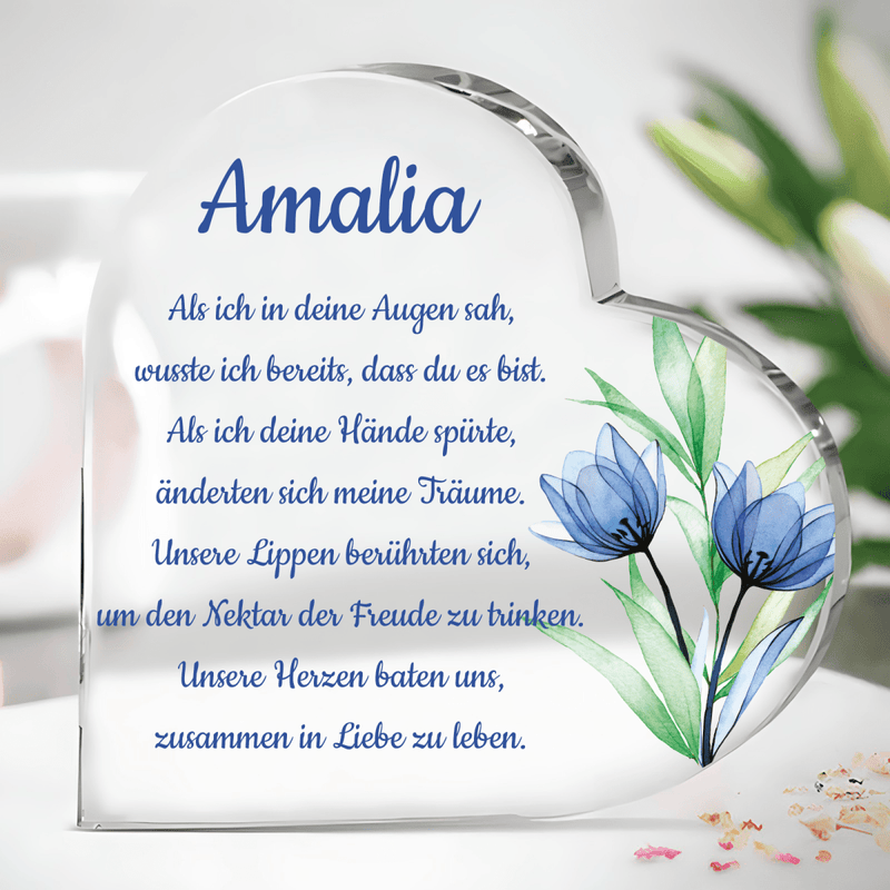 Blaue Tulpen - Herz aus Glas, personalisiertes Geschenk für Frau - Adamell.de