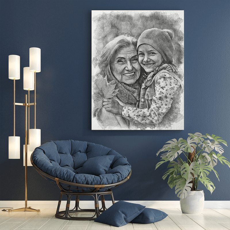 Bleistiftporträt Großmutter und Enkelin - Druck auf Leinwand, personalisiertes Geschenk für Oma - Adamell.de