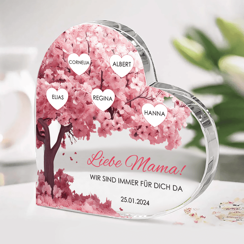 Blumenbaum mit Namen - Herz aus Glas, personalisiertes Geschenk für Mama - Adamell.de