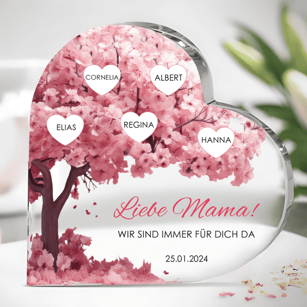 Blumenbaum mit Namen - Herz aus Glas, personalisiertes Geschenk für Mama - Adamell.de