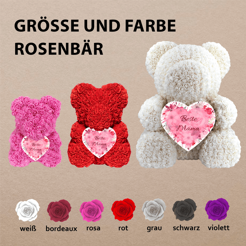Blumenherz für Mama - Rosenbären mit Aufdruck, personalisiertes Geschenk für Mama - Adamell.de