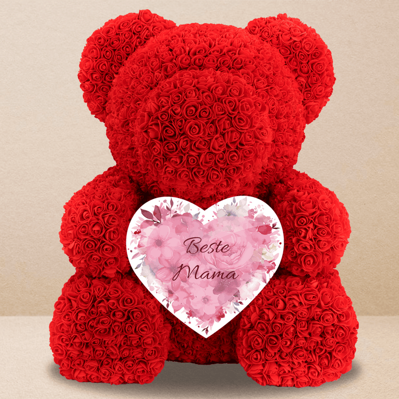 Blumenherz für Mama - Rosenbären mit Aufdruck, personalisiertes Geschenk für Mama - Adamell.de