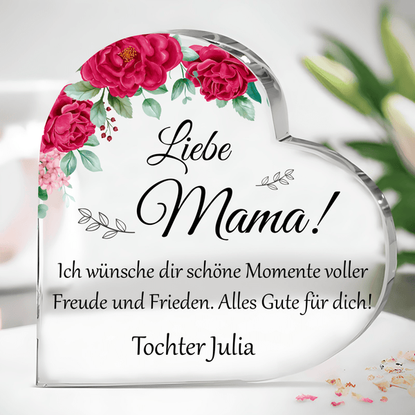 Blumenmotiv - Herz aus Glas, personalisiertes Geschenk für Mutter - Adamell.de