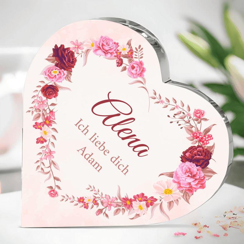 Blumenmotiv + Name - Herz aus Glas, personalisiertes Geschenk für Frau - Adamell.de