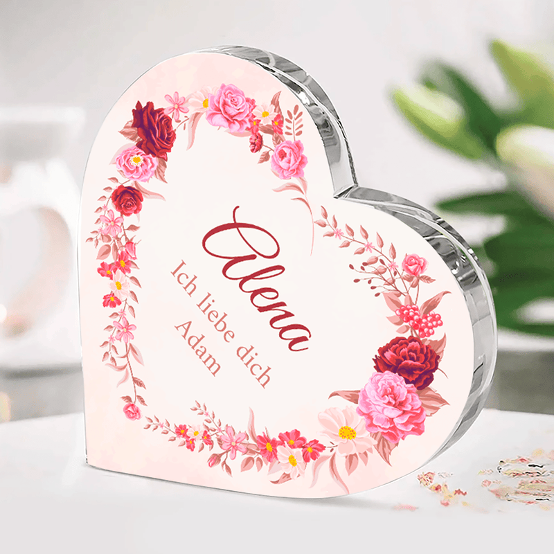 Blumenmotiv + Name - Herz aus Glas, personalisiertes Geschenk für Frau - Adamell.de