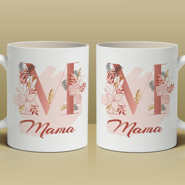 Buchstabenornament + Aufschrift - 1x bedruckte Tasse, personalisiertes Geschenk für Mama - Adamell.de