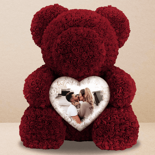 Burgunder Teddybär mit ewigen Rosen + Druck - Rosenbären mit Aufdruck, personalisiertes Geschenk - Adamell.de