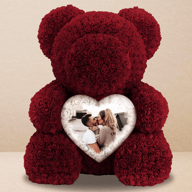 Burgunder Teddybär mit ewigen Rosen + Druck - Rosenbären mit Aufdruck, personalisiertes Geschenk - Adamell.de