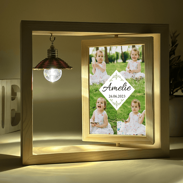 Collage aus 4 Fotos Kind - Druck auf Glas in Holzrahmen + led, personalisiertes Geschenk für das Kind - Adamell.de