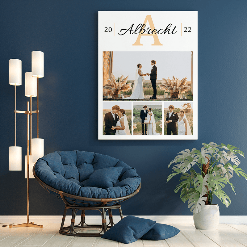 Collage aus vier Fotos + Name - Druck auf Leinwand, personalisiertes Geschenk für Familie - Adamell.de