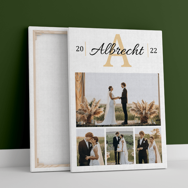 Collage aus vier Fotos + Name - Druck auf Leinwand, personalisiertes Geschenk für Familie - Adamell.de