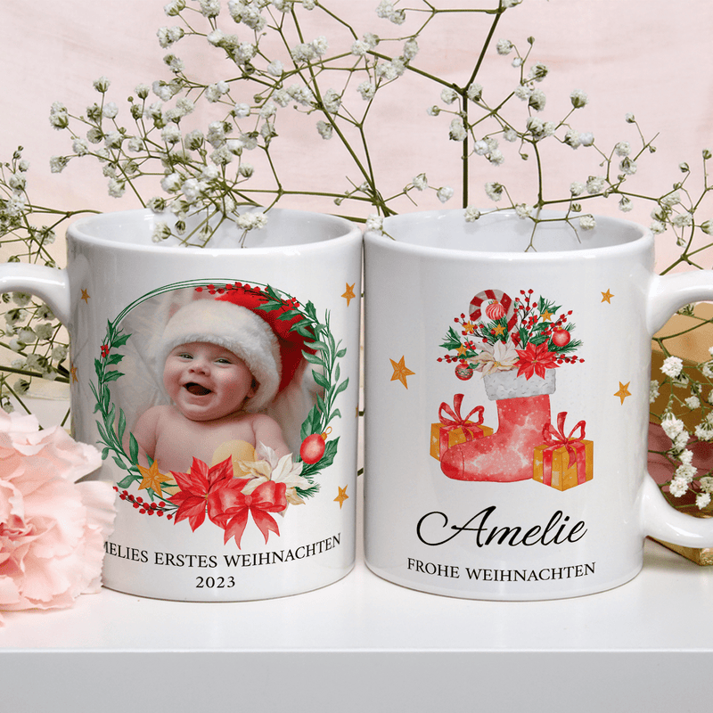 Dein erstes Weihnachten - 1x bedruckte Tasse, personalisiertes Geschenk für Kind - Adamell.de