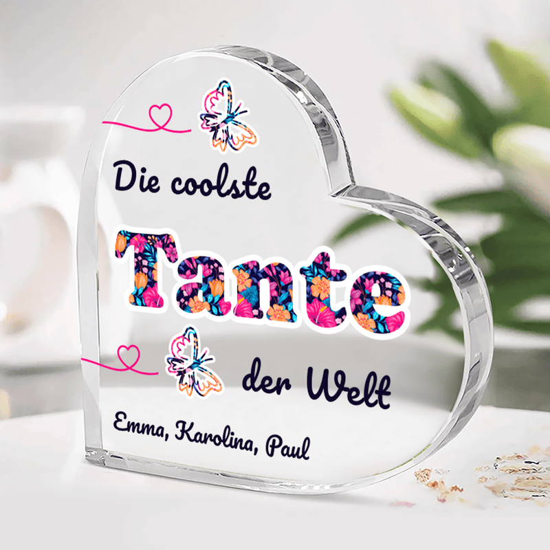 Die coolste Tante der Welt - Herz aus Glas, personalisiertes Geschenk für Tante - Adamell.de