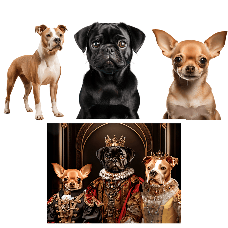 Drei königliche Tiere - Druck auf Leinwand, personalisiertes Geschenk für Hundebesitzer - Adamell.de
